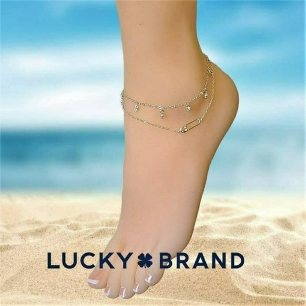NWT Lucky Brand Set of 2 Safety Pin Purl and Zircon Charms Anklets